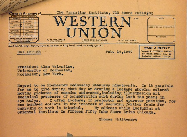 Telegram from Thomas Whittemore to Alan Valentine, February 14, 1947