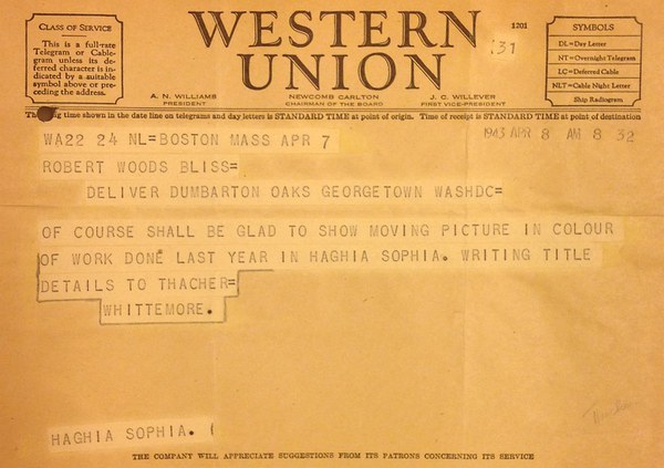 Telegram from Thomas Whittemore to Robert Bliss, April 8, 1943