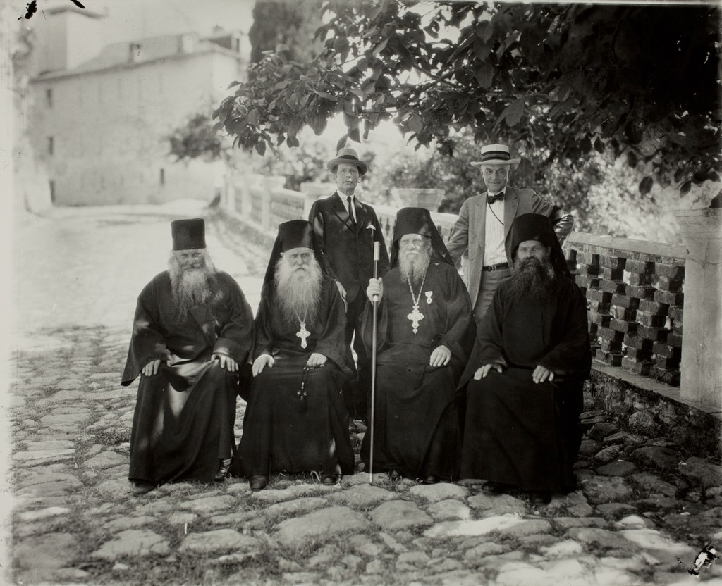 Group portrait with Thomas Whittemore (left) and George D. Pratt (right), Mount Athos, Greece, May 1923