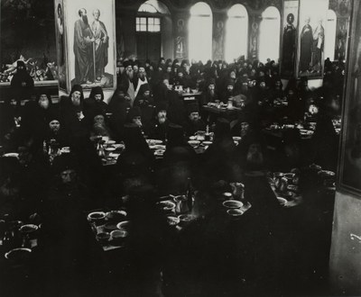 Monks eating in the refectory (interior of the Trapeza, looking north)