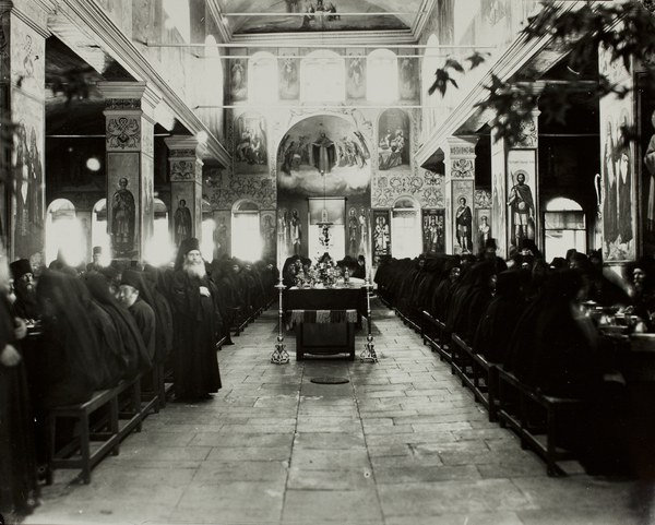 Monks eating in the refectory (interior of the Trapeza, looking west)