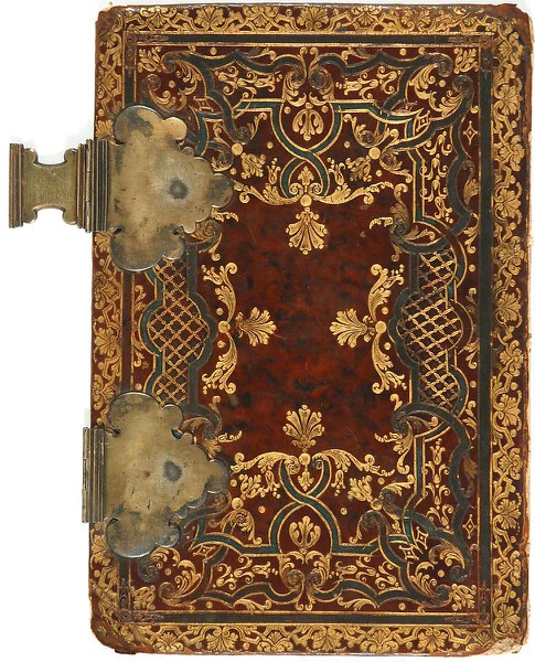 A binding of brown calf on pasteboard, tooled in gold and in blind, with painted black details