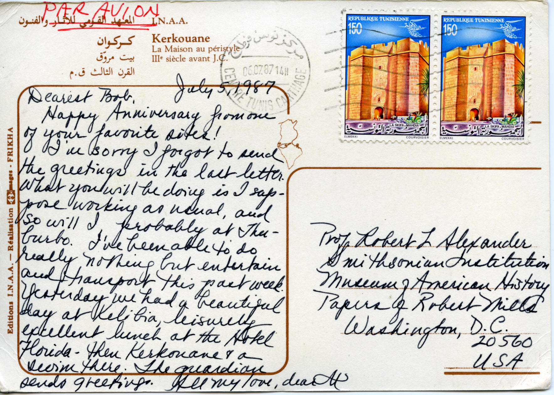 Postcard from Margaret Alexander to her husband, Robert
