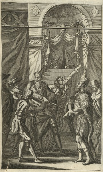 print recreating the encounter between Montezuma and Cortés in November 1519