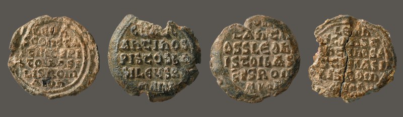 Aniconic seals of Leo III and Constantine V (BZS.1958.106.588), Constantine V (BZS.1958.106.581), Constantine V and Leo IV (BZS.1958.106.589), and Leo IV and Constantine VI (BZS.1955.1.4277)