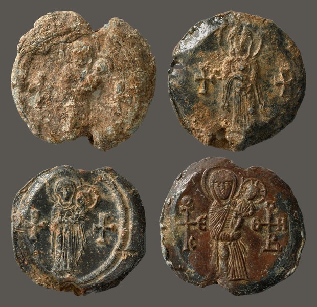 Constantine IV, issued 681–85 (BZS.1958.106.483), Justinian II, issued 687–95 (BZS.1955.1.4265), Leo III, issued 717–20 (BZS.1955.1.4269), and Nikephoros I, issued 802–11 (BZS.1955.1.4285)