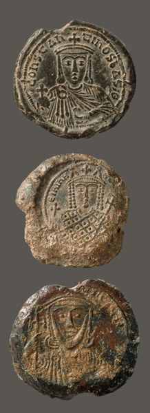 Stylized representations of Constantine VI, issued 790–92 (BZS.1958.106.561), Eirene, issued 797–802 (BZS.1955.1.4274), and Nikephoros I, issued 802–3? (BZS.1955.1.4285)
