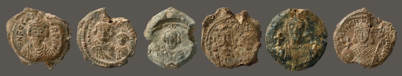 Seventh- and eighth-century emperors: Phokas, issued 603–7 (BZS.1951.31.5.7), Herakleios and Herakleios Constantine, issued ca. 616–ca. 625 (BZS.1958.106.528), Constans II, issued 641–46 (BZS.1947.2.354), Constans II and Constantine VI, issued 654–59 (BZS.1955.1.4263), Justinian II, issued 687–95 (BZS.1955.1.4265), and Philippikos, issued 711–13 (BZS.1958.106.597)