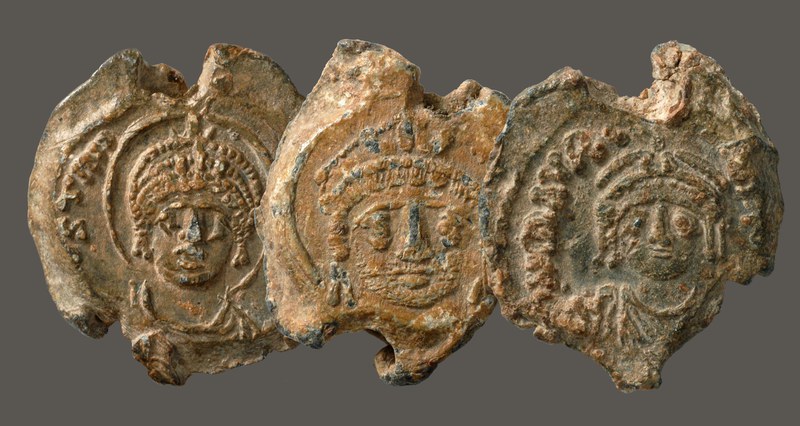 Sixth-century emperors: Justinian I, issued 527–65 (BZS.1958.106.563), Justin II, issued ca. 566 (BZS.1951.31.5.1618), and Maurice, issued 582–602 (BZS.1958.106.520)