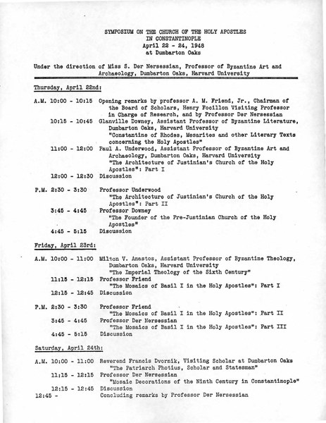Program of the Dumbarton Oaks Symposium on the Church of the Holy Apostles in Constantinople of April 22–24, 1948 (photocopy)