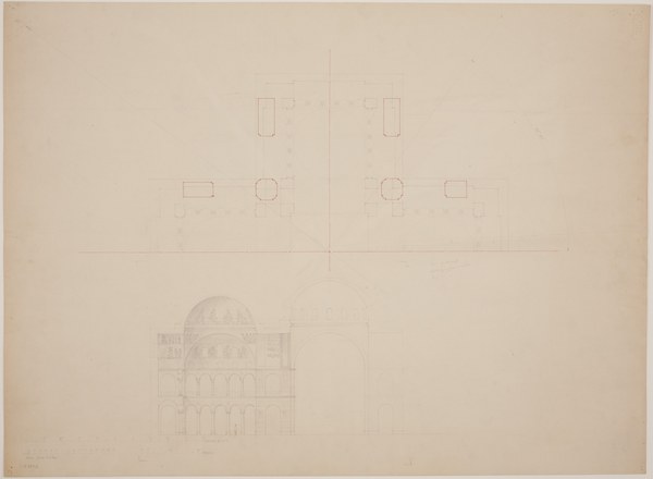 Half ground plan of the main church, and elevation of central and western domes with representation of the Pentecost