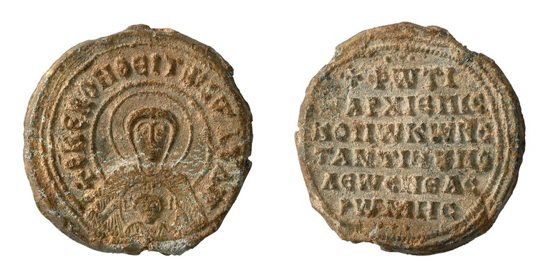 Obverse and reverse of a lead seal; obverse shows Mother of God with Christ, reverse has six lines of Greek inscription