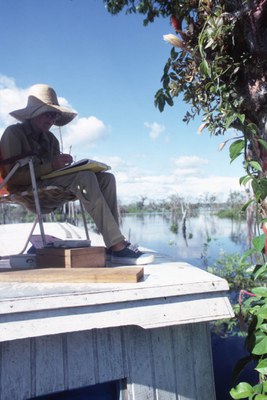 Margaret Mee sketching Selenicereus wittii Anavilhanas on the roof of a boat, 1988, Rio Negro, Amazon