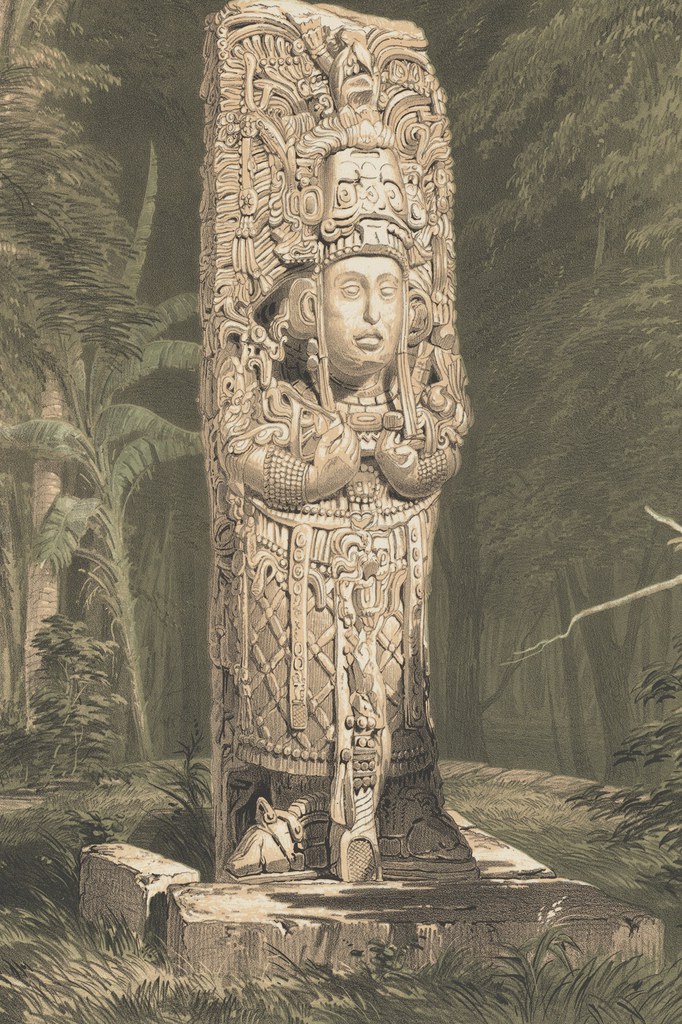 Detail of Idol, at Copan, lithograph on stone by A. Picken, based on artwork by Frederick Catherwood, from Catherwood 1844, pl. I.