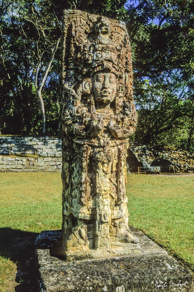 Copan, Front of Stela H. Photo: Jay A. Frogel.