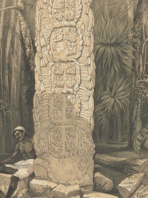 Detail of Back of an Idol, at Copan, lithograph on stone by H. Warren, based on artwork by Frederick Catherwood, from Catherwood 1844, pl. III.