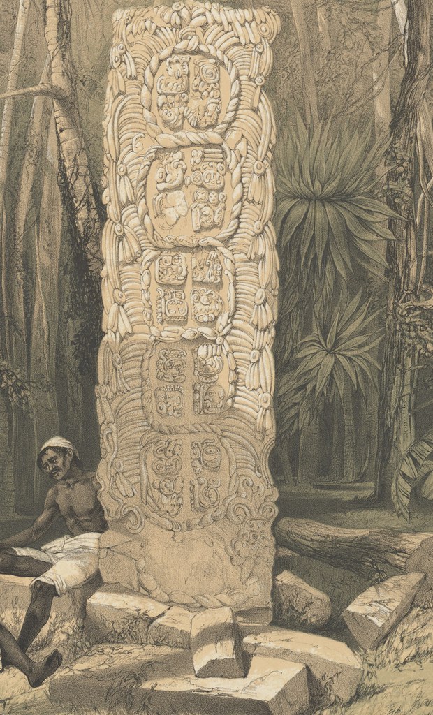 Detail of Back of an Idol, at Copan, lithograph on stone by H. Warren, based on artwork by Frederick Catherwood, from Catherwood 1844, pl. III.
