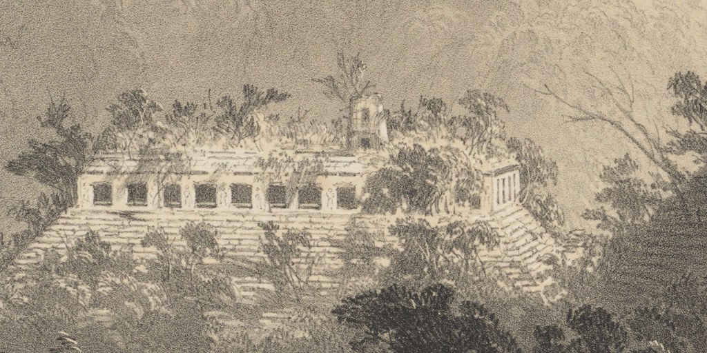 Detail of General View of Palenque, lithograph on stone by A. Picken, based on artwork by Frederick Catherwood, from Catherwood 1844, pl. VI.