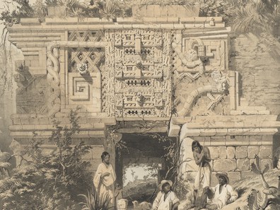 Detail of Portion of a Building; Las Monjas, Uxmal, lithograph on stone by A. Picken, based on artwork by Frederick Catherwood, from Catherwood 1844, pl. XIV.