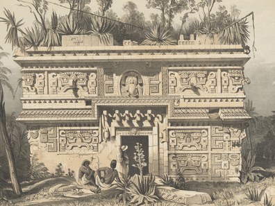 Las Monjas, Chichen-Itza, lithograph on stone by G. Moore, based on artwork by Frederick Catherwood, from Catherwood 1844, pl. XXI.
