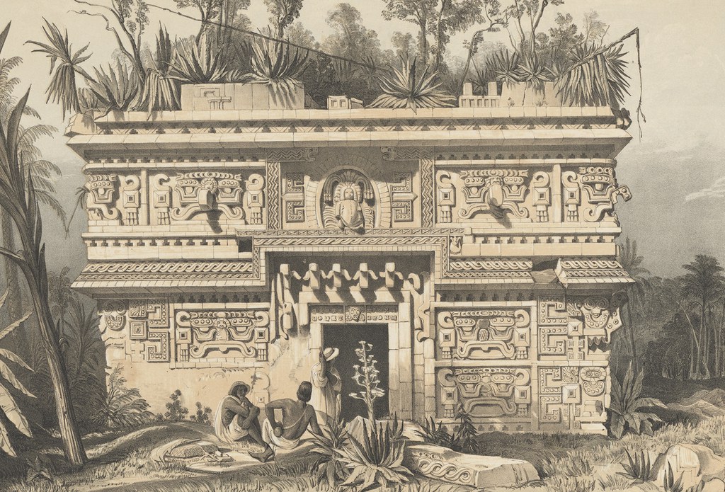 Las Monjas, Chichen-Itza, lithograph on stone by G. Moore, based on artwork by Frederick Catherwood, from Catherwood 1844, pl. XXI.