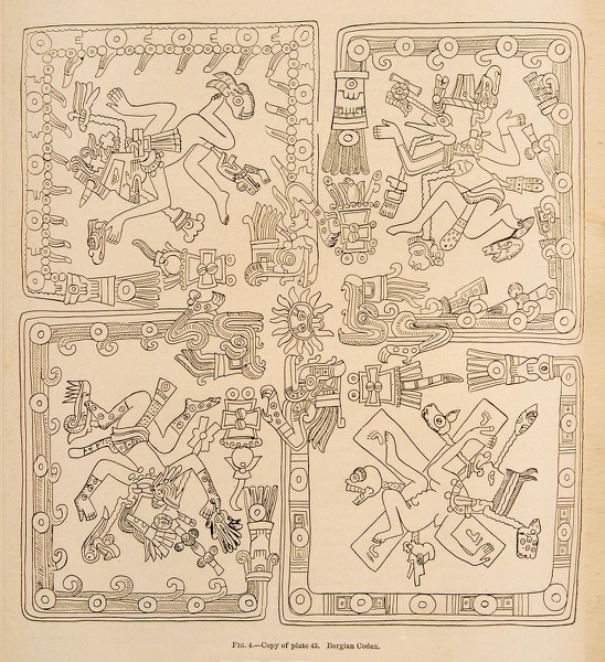 Based on a page from the Borgia Codex, a manual of ritual and prophecy for priests.  From Cyrus Thomas, Notes on certain Maya and Mexican manuscripts, 1884.