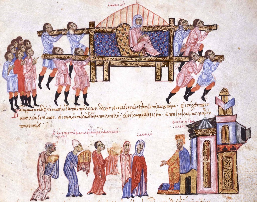 Detail of manuscript depicting Danelis being carried by her slaves to Constantinople