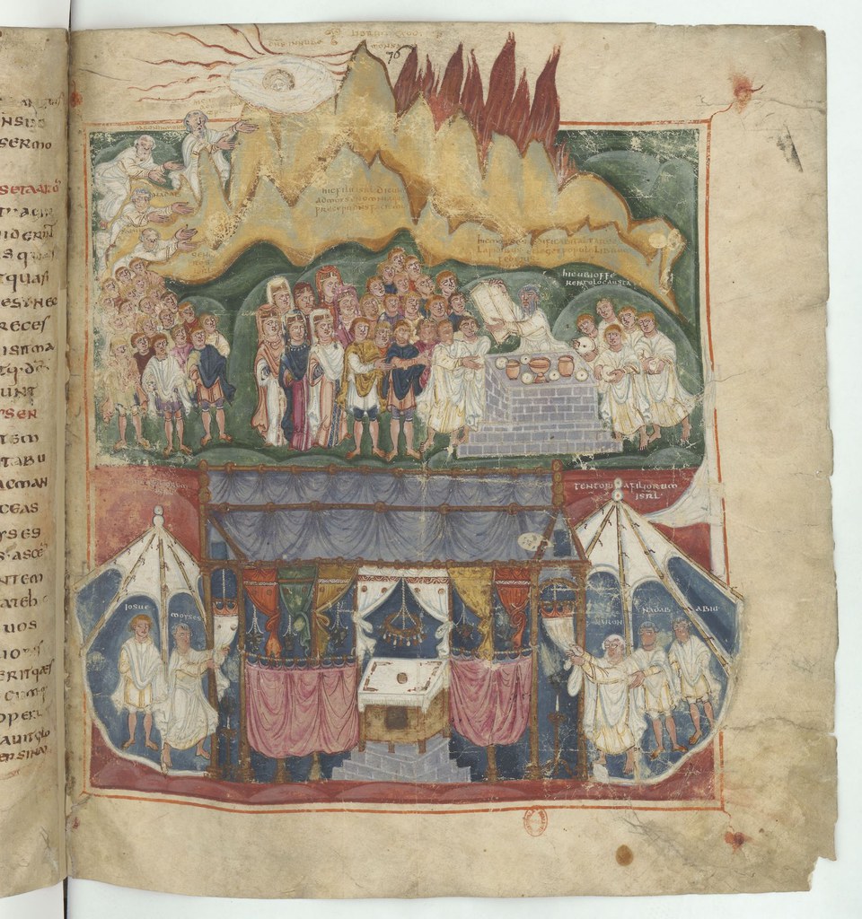 Manuscript page depicting Moses and Aaron pulling open the curtains in the Tabernacle sanctuary