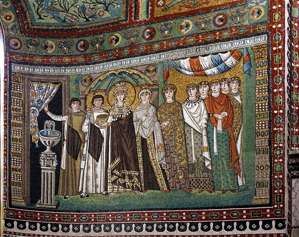 Wall mosaic depicting a curtained doorway in front of Theodora and her retinue