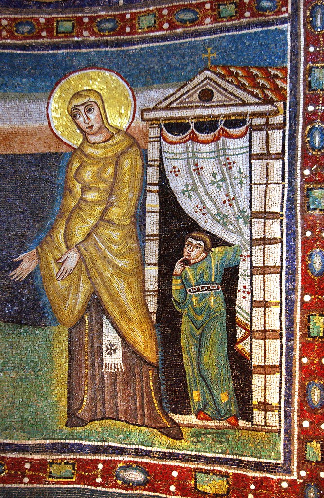Apse mosaic detail, the door curtain of Elizabeth’s house in the scene of the Visitation