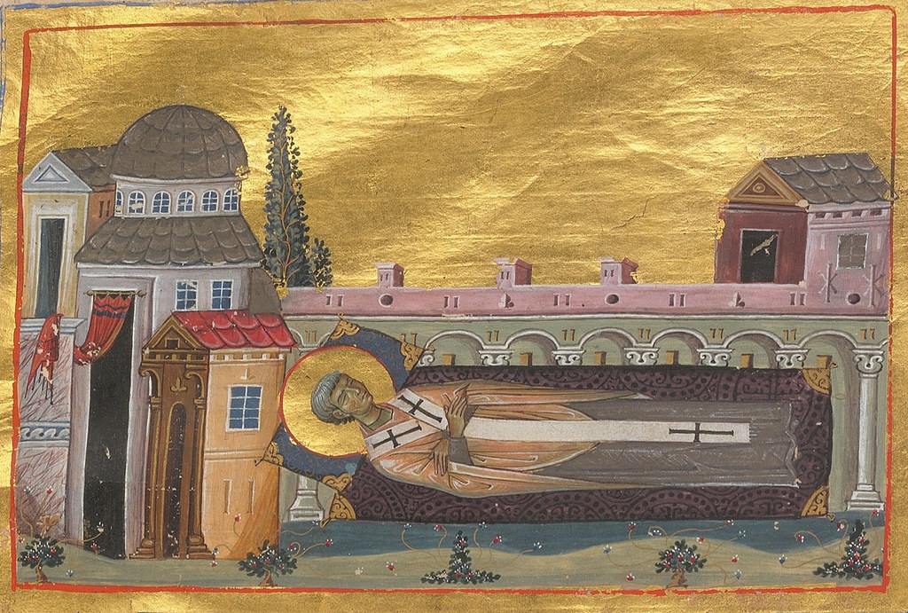 Detail of manuscript depicting the Dormition of St. Ignatios the Younger