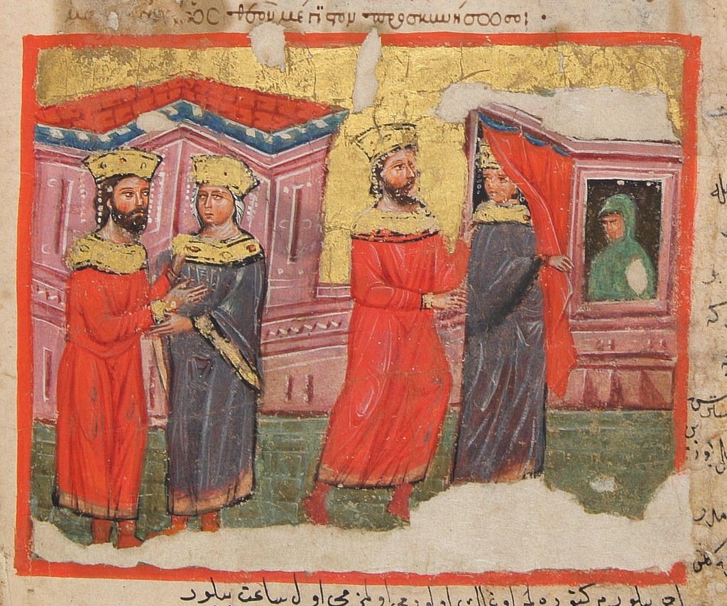 Detail of manuscript depicting Philip demanding an heir and Olympias leading him to her chamber