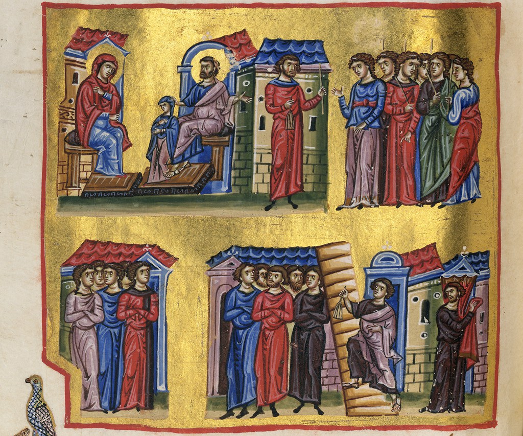 Detail of manuscript depicting the preparations for the procession to the temple for the Virgin’s Presentation