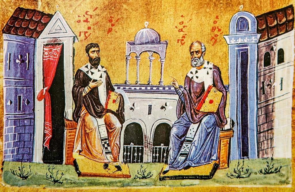 Detail of manuscript depicting St. Gregory of Nyssa and St. Gregory of Nazianzos