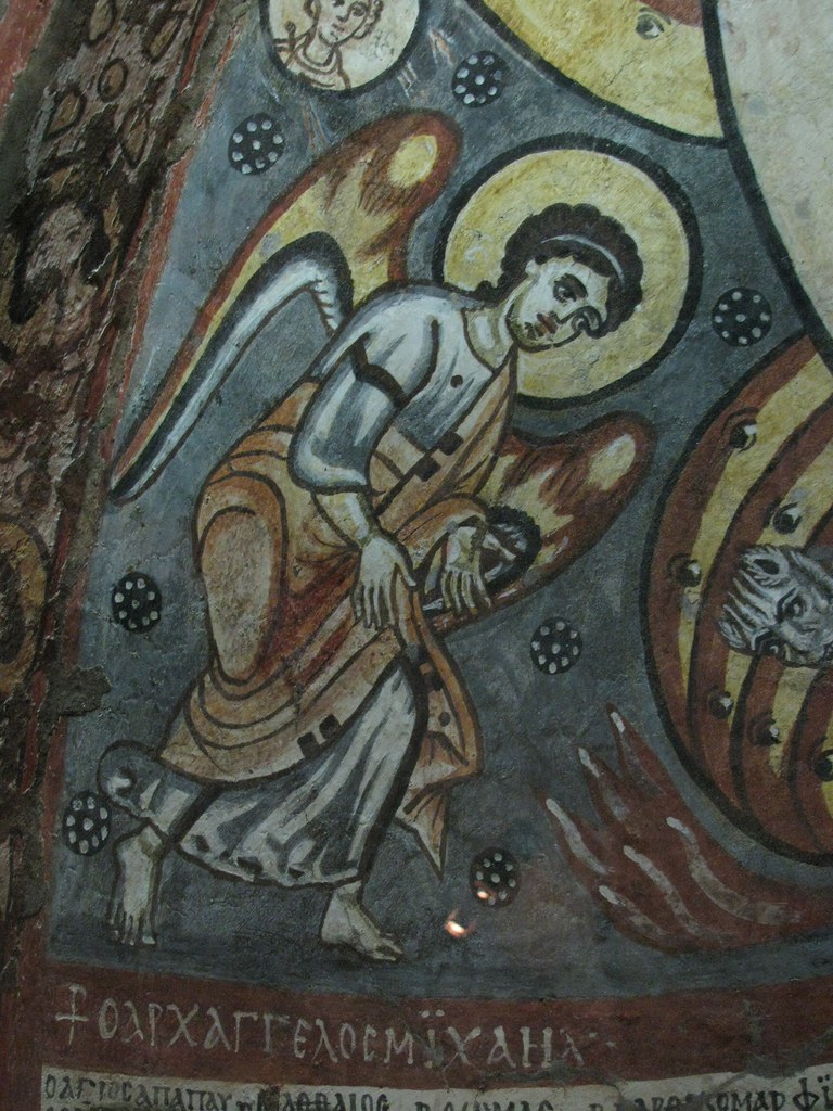 Angel (left), detail of apse painting in east wall of Room 6