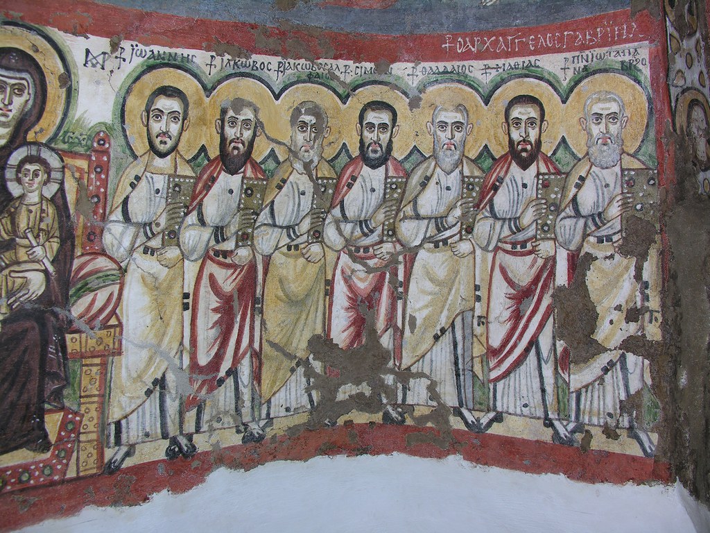 Monks-as-apostles (right), detail of apse painting in east wall of Room 6