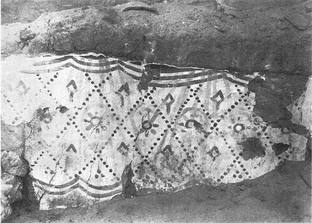 Detail of painted textile hanging, east wall of Chapel XLII