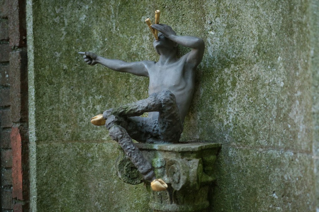 Pan sculpture, parcelgilt bronze, Francis Minturn Sedgwick after Beatrix Farrand, ca. 1960.