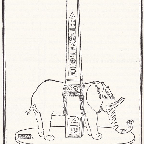 Line illustration of an oval pedestal with an elephant and a obelisk carved with hieroglyphics