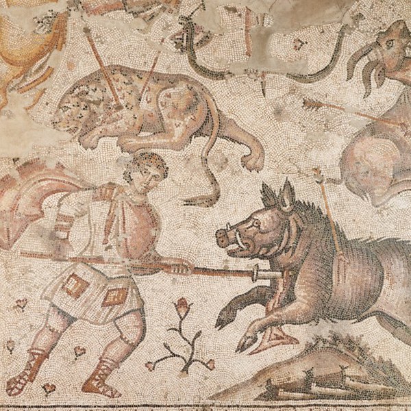 Section of a mosaic depicting a hunter spearing a boar in the chest and a leopard pierced with arrows