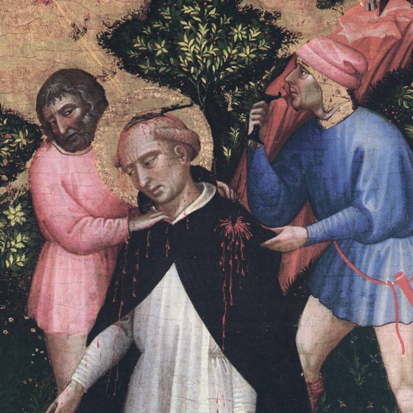 Painting of a kneeling Saint Peter flanked by two men, one of whom is stabbing Peter in the chest with a long knife